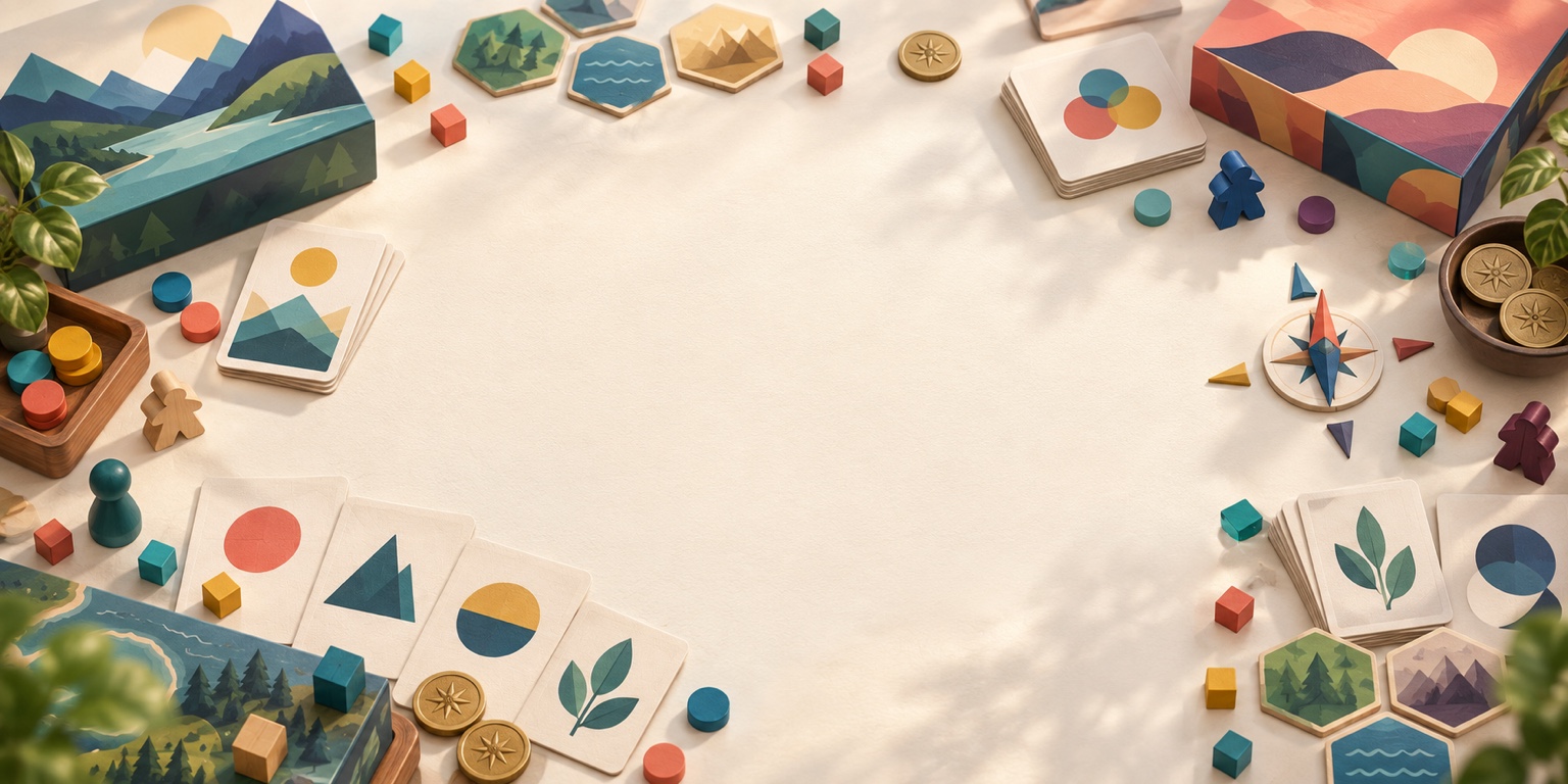 Bordspeldozen, kaarten, meeples en speelstukken rond een kompas